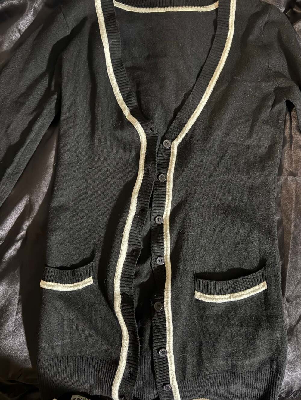 Black and White Trim V-Neck Button Cardigan Sweater with Pockets Size Small Styl